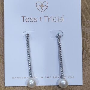 Tess + Tricia Long Silver Rhinestone Dangle Earrings with Pearls